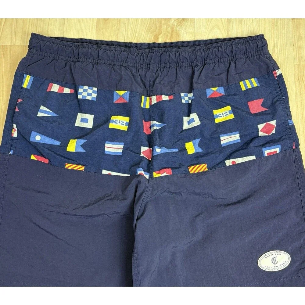 Vintage 90s Flags Graphic Swim Trunks / Shorts / Navy / Size Medium